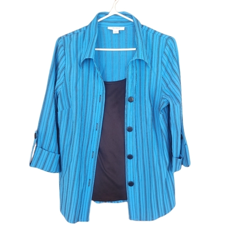 Dressbarn Blue and Black Striped Button Up Shirt Size L